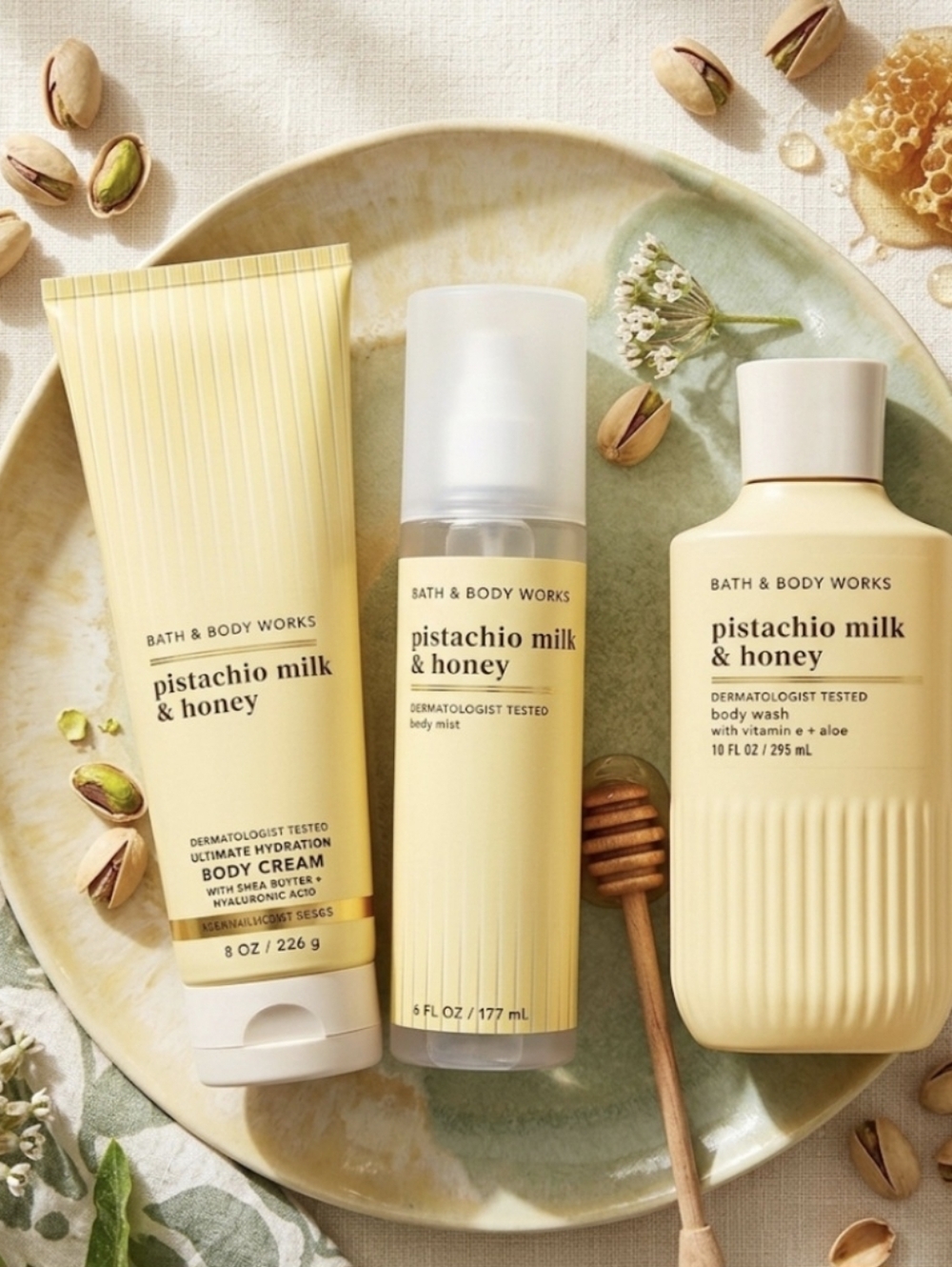 Bath & Body Works Pistachio Milk & Honey Body Care Trio - Pale Yellow